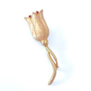 Vintage Gold Tone Enamel Rose Flower Brooch